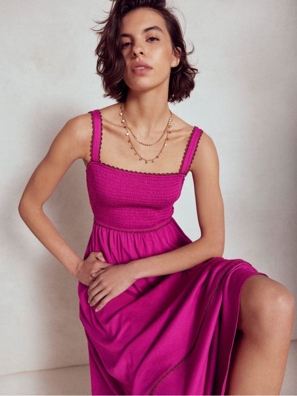 Boden Smocked Dark Pink Detailed Trim Maxi Dress - Size 8 - Picture 4 of 10